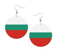 Bulgarian Flag Round Leather Earrings White, Double-Side Printed Drop Dangle Jewelry for Women, for Festival Party Gift
