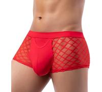 Bulge Boxer Briefs for Men Hollow Out Boxer Brifs Stretch Breathale Short Leg Underpants Sexy Mesh Low Rise Pouch Bluge Trunks Underwear Red L
