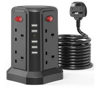 BulgurYe Vortex Tower - British Standard Vertical Power Strip with 5 USB-C, Dual Layer Socket Hub, Space-Saving Desk Organizer for Office/Home, Black