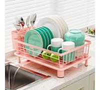 BULIJUJU Small Dish Drying Rack, Space Saving Dish Racks for Kitchen Counter, Kitchen Organizer Dish Drainer with Cutlery Holder for Spoons and Forks, 11''W x 15''L, Pink