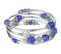 BULINLIN Beaded Pearl Layered Bangle Bracelet for Women Turquoise Bohemian Thick Silver Plated Fashion Jewellery Gifts for Birthday(Blue)