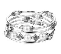 BULINLIN Beaded Pearl Layered Bangle Bracelet for Women Turquoise Bohemian Thick Silver Plated Fashion Jewellery Gifts for Birthday(White pearl)