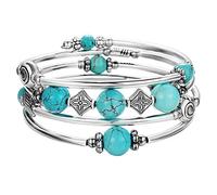 BULINLIN Beaded Pearl Layered Bangle Bracelet for Women Turquoise Bohemian Thick Silver Plated Fashion Jewellery Gifts for Birthday(09-Turquoise blue)