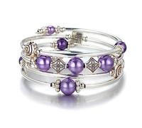 BULINLIN Beaded Pearl Layered Bangle Bracelet for Women Turquoise Bohemian Thick Silver Plated Fashion Jewellery Gifts for Birthday (Purple pearl)