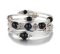 BULINLIN Beaded Pearl Layered Bangle Bracelet for Women Turquoise Bohemian Thick Silver Plated Fashion Jewellery Gifts for Birthday (Black)
