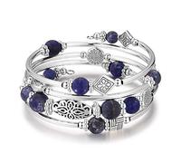 BULINLIN Beaded Silver Bangle Wrap Bracelet for Her, Layered Bohemian Bracelets with Natural Stone, Jewellery Gifts for Women Ladies(Navy blue)