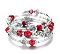 BULINLIN Beaded Silver Bangle Wrap Bracelet for Her, Layered Bohemian Bracelets with Natural Stone, Jewellery Gifts for Women Ladies(Imperial red)