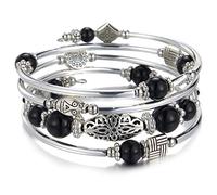 BULINLIN Beaded Silver Bangle Wrap Bracelet for Her, Layered Bohemian Bracelets with Natural Stone, Jewellery Gifts for Women Ladies (Black)