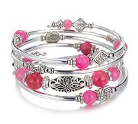 BULINLIN Beaded Silver Bangle Wrap Bracelet for Her, Layered Bohemian Bracelets with Natural Stone, Jewellery Gifts for Women Ladies (Hot pink)