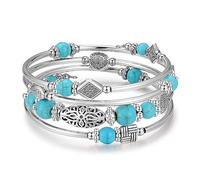 BULINLIN Beaded Silver Bangle Wrap Bracelet for Her, Layered Bohemian Bracelets with Natural Stone, Jewellery Gifts for Women Ladies(Turquoise)