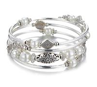 BULINLIN Beaded Silver Bangle Wrap Bracelet for Her, Layered Bohemian Bracelets with Natural Stone, Jewellery Gifts for Women Ladies (White pearl)