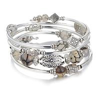 BULINLIN Beaded Silver Bangle Wrap Bracelet for Her, Layered Bohemian Bracelets with Natural Stone, Jewellery Gifts for Women Ladies (Grey)