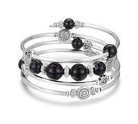 BULINLIN Beaded Silver Wrap Bangle Bracelets for Women Pearl Boho Bracelet with Natural Agate Stone Beads Fashion Jewelry Gifts for Birthday(02-Black)