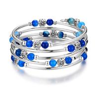 BULINLIN Chakra Beaded Bangle Bracelet for Girls Boho Silver Wrap Bracelet with Natural Agate Stone Beads Jewelry Gifts for Women(01-Agate blue)