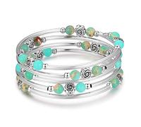 BULINLIN Chakra Beaded Bangle Bracelet for Girls Boho Silver Wrap Bracelet with Natural Agate Stone Beads Jewelry Gifts for Women(01-Water green)