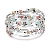 BULINLIN Chakra Beaded Bangle Bracelet for Girls Boho Silver Wrap Bracelet with Natural Agate Stone Beads Jewelry Gifts for Women(01-Green)