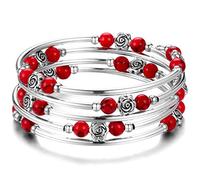 BULINLIN Chakra Beaded Bangle Bracelet for Girls Boho Silver Wrap Bracelet with Natural Agate Stone Beads Jewelry Gifts for Women(01-Red turquoise)