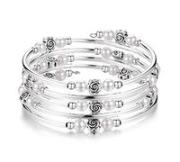 BULINLIN Chakra Beaded Bangle Bracelet for Girls Boho Silver Wrap Bracelet with Natural Agate Stone Beads Jewelry Gifts for Women(01-White pearl)