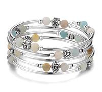 BULINLIN Chakra Beaded Bangle Bracelet for Girls Boho Silver Wrap Bracelet with Natural Agate Stone Beads Jewelry Gifts for Women(01-Amazon Green)