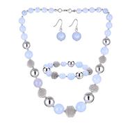 BULINLIN Chunky Beaded Silver Necklace Earrings Pearl Handmade Bracelet Set Statement Costume Fashion Jewellery Set Birthday Gifts for Women (48-Light blue)