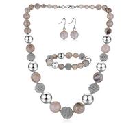 BULINLIN Chunky Beaded Silver Necklace Earrings Pearl Handmade Bracelet Set Statement Costume Fashion Jewellery Set Birthday Gifts for Women(Grey)