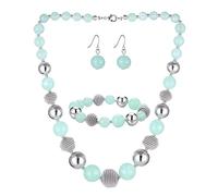 BULINLIN Chunky Beaded Silver Necklace Earrings Pearl Handmade Bracelet Set Statement Costume Fashion Jewellery Set Birthday Gifts for Women (48-light green)