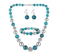 BULINLIN Chunky Beaded Silver Necklace Earrings Pearl Handmade Bracelet Set Statement Costume Fashion Jewellery Set Birthday Gifts for Women (48-Sea Green)