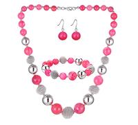 BULINLIN Chunky Beaded Silver Necklace Earrings Pearl Handmade Bracelet Set Statement Costume Fashion Jewellery Set Birthday Gifts for Women (48-Hot Pink)