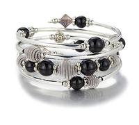 BULINLIN Turquoise Beaded Chakra Bangle Bracelet, Silver Layered Jewellery Wrap Bracelet with Natural Stone Birthday Gift for Women (Black)