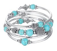 BULINLIN Turquoise Beaded Chakra Bangle Bracelet, Silver Layered Jewellery Wrap Bracelet with Natural Stone Birthday Gift for Women(Turquoise)