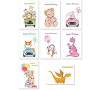 Bulk Buy Children’s Birthday Cards (16 Card Multipack + Self-Seal envs) - Assorted Multi Selection Pack - 8 Designs for Kids - Blank Inside - Compact Size 105 x 148mm