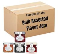 Bulk Jam Portions Assorted 28g Mini Glass Jars - Blackcurrant, Orange Marmalade, Raspberry & Strawberry - Hotel, Office, Cafe & Guest Gift Favour (32 Jam)