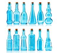 BULK PARADISE Small Blue Vintage Glass Bottles with Corks, Mini Vases, Decorative, Potion, Assorted Design Set of 12 pcs, 4.6 Inch Tall (11.43cm), 1.4 Inch Wide (3.56cm)