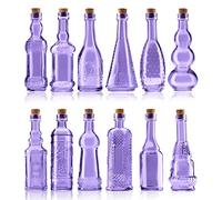 BULK PARADISE Small Mini Purple Vintage Glass Bottles with Corks, Mini Vases, Decorative Glass Bottle, Potion Bottles, Assorted Design Set of 12 pcs, 4.6 Inch Tall (11.43cm), 1.4 Inch Wide (3.56cm)