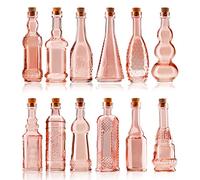 BULK PARADISE Small MIni Reddish Vintage Glass Bottles with Corks, MIni Vases, Decorative, Potion, Assorted Design Set of 12 pcs, 4.6 Inch Tall (11.43cm), 1.4 Inch Wide (3.56cm)