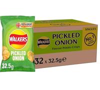 Bulk Walkers Pickled Onion Crisps Multipack - 32 x 32.5g Giant Snack Bags, Boxed, Individually Wrapped Potato Crisps for Lunchboxes, Parties, Office & Sharing