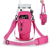 BULKITEM 30oz Water Bottle Carrier Bag with Phone Pocket for Pink Stanley 30 oz Tumbler with Handle, Hot Pink Insulated Neoprene Cup Holder Pouch Strap for Valentines Stanley Cup Accessories