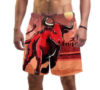 Bull Animal Fight Red Moon Building Pattern Swim Trunks Swimsuit Beach Surfing Shorts for Men XXL