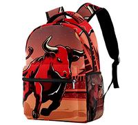 Bull Animal Fight Red Moon Building Travel Laptop Backpack, Mens Causal School Rucksack With Adjustable Strap
