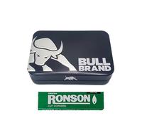 BULL BRAND Tobacco Tin Embossed | Black | Blue | Pink | Smoking Cigarette Caddy + Free Pack of 50 RONSON Rolling Papers - One Booklet Included UK FREE P&P (Black)