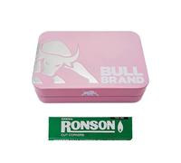 BULL BRAND Tobacco Tin Embossed | Black | Blue | Pink | Smoking Cigarette Caddy + Free Pack of 50 RONSON Rolling Papers - One Booklet Included UK FREE P&P (Pink)