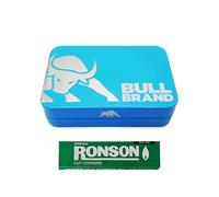 BULL BRAND Tobacco Tin Embossed | Black | Blue | Pink | Smoking Cigarette Caddy + Free Pack of 50 RONSON Rolling Papers - One Booklet Included UK FREE P&P (Blue)