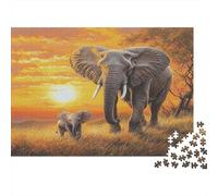 Bull Elephant with Baby Elephant Rätsel Für Erwachsene |African Sunset| Familienspaß-Puzzles 1000pcs (75x50cm) Erwachsene