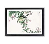 Bull-Headed Shrike & Bush Clover by Numata Kashu Framed Print | A2 Black Framed Wall Art | Ready to Hang | Modern Floral Picture | Living Room Bedroom Lounge Office