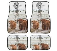 Bull Longhorn Highland Cow Car Floor Mats Set of 4,Farmhouse Walking Animal Wooden Fence Texas Cattle Western Country Farm Vehicle Front Rear Carpets Mats Universal Car Accessories for Truck