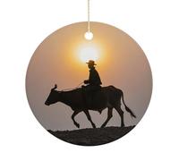Bull Riding Silhouette Ceramic Christmas Ornaments with Gold Cord 3 Inch Round Hanging Porcelain Decorations for Christmas Tree Wedding Keepsake Festival Souvenir New Year Party Home Decor