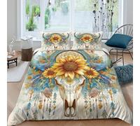 Bull Skull 3D Printed Comforter Cover Set Microfibre Duvet Elements of Nature And Mysticism Cover Bedding Set for Kids Teens Boys Room Decor 3 Pcs Quilt Cover with Pillow Case Double（200x200cm）