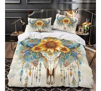 Bull Skull 3D Printed Comforter Cover Set Microfibre Duvet Elements of Nature And Mysticism Cover Bedding Set for Kids Teens Boys Room Decor 3 Pcs Quilt Cover with Pillow Case Single（140x200cm）