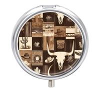 Bull Skull Western Pattern Funny Round Pill Organizer Travel Pharmacy Box Portable Medicine Case with 3 Compartments