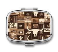 Bull Skull Western Pattern Funny Square Pill Organizer Travel Pharmacy Box Portable Medicine Case with 2 Compartments